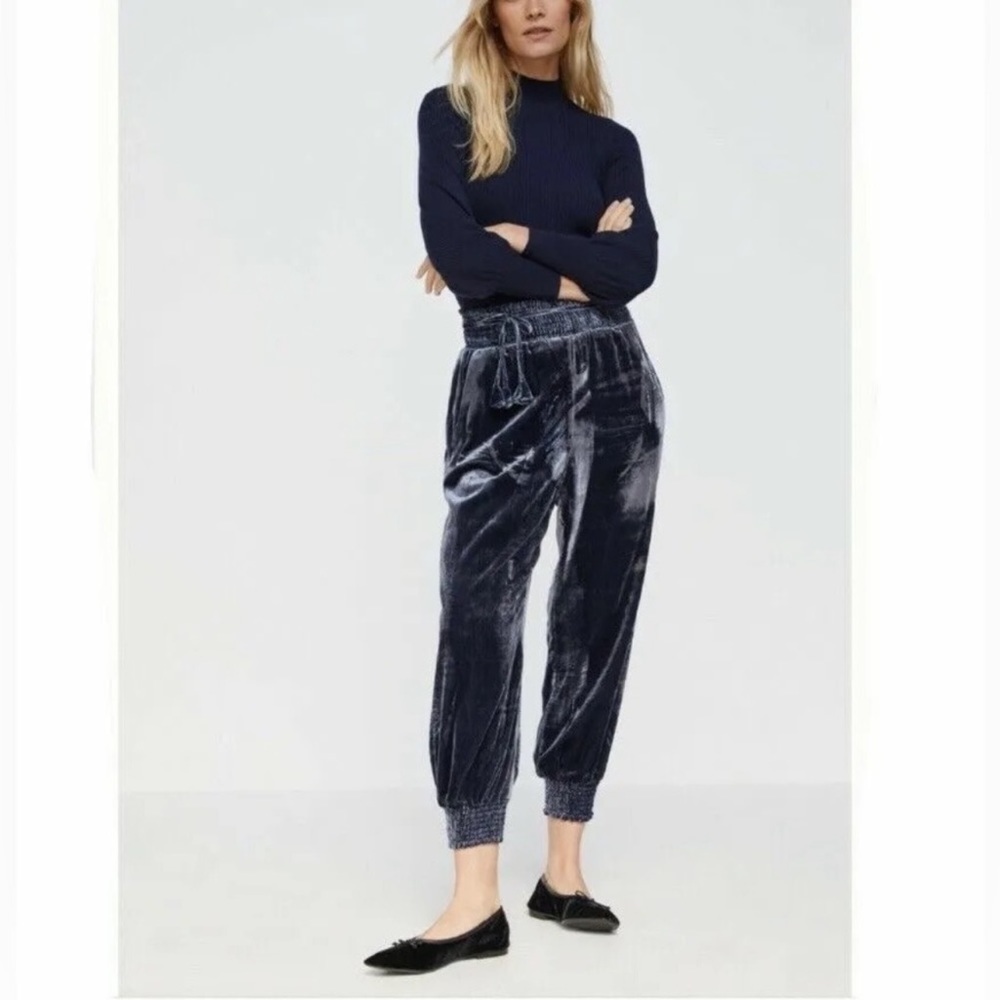 ANTHROPOLOGIE Gloria Jogger Pants Crushed Velvet Baggy Cozy Navy Blue Large NWOT - Picture 14 of 14
